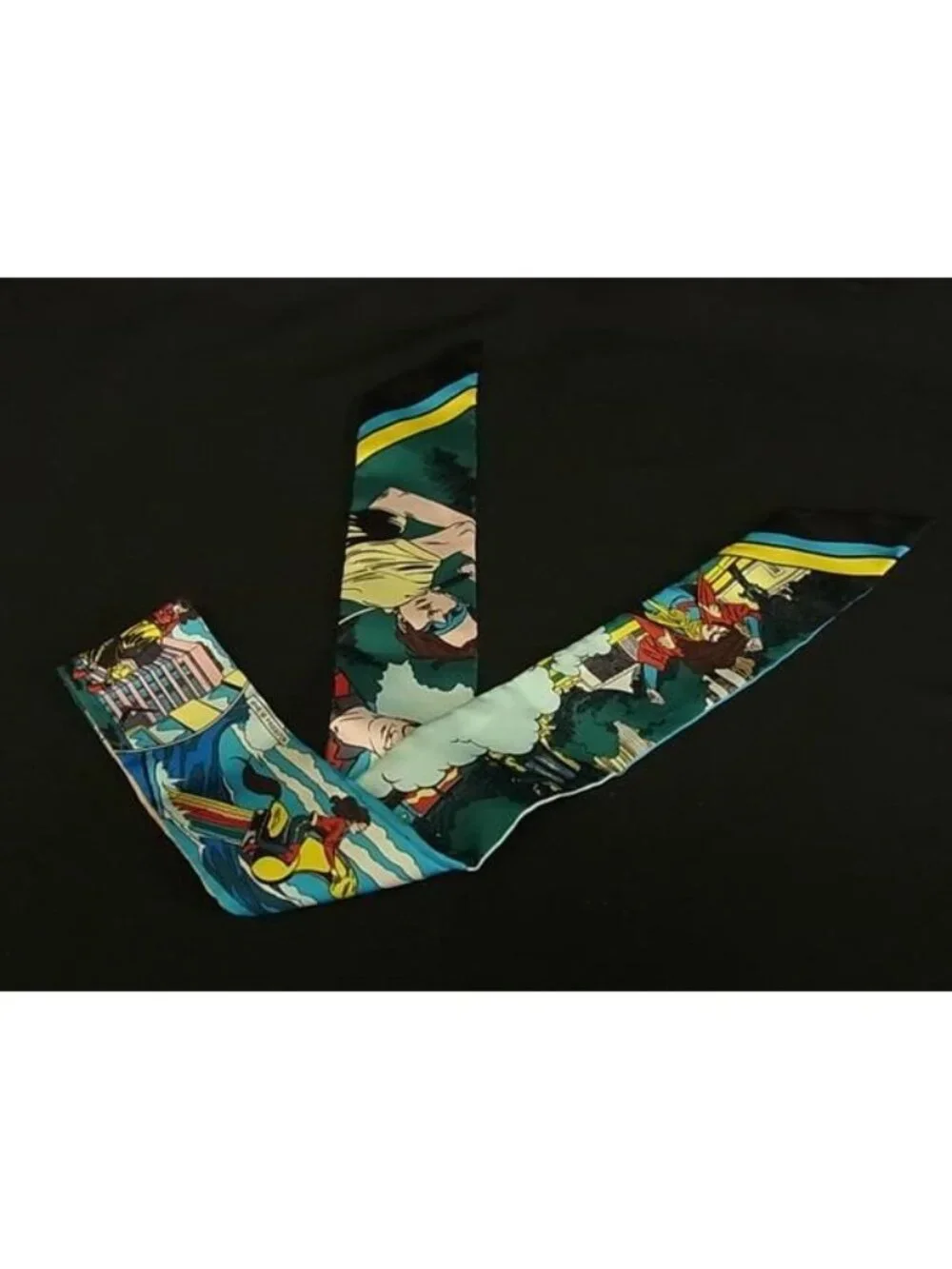 Hermes Wow Twilly Silk 100% American Comic Pattern Ribbon Scarf Blue Multicolor